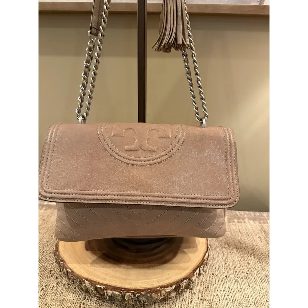 Tory Burch Fleming Distressed Flap, Tassel Shoulder Crossbody Bag Taupe 458$